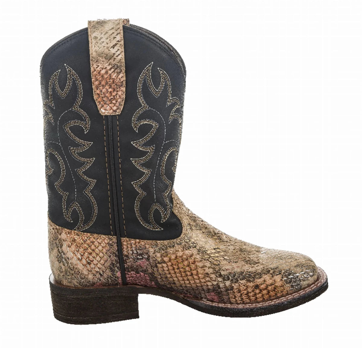 TuffRider Kid's Black Snake in My Boot Western Leather Boots with textured snake print and black upper shaft detailing