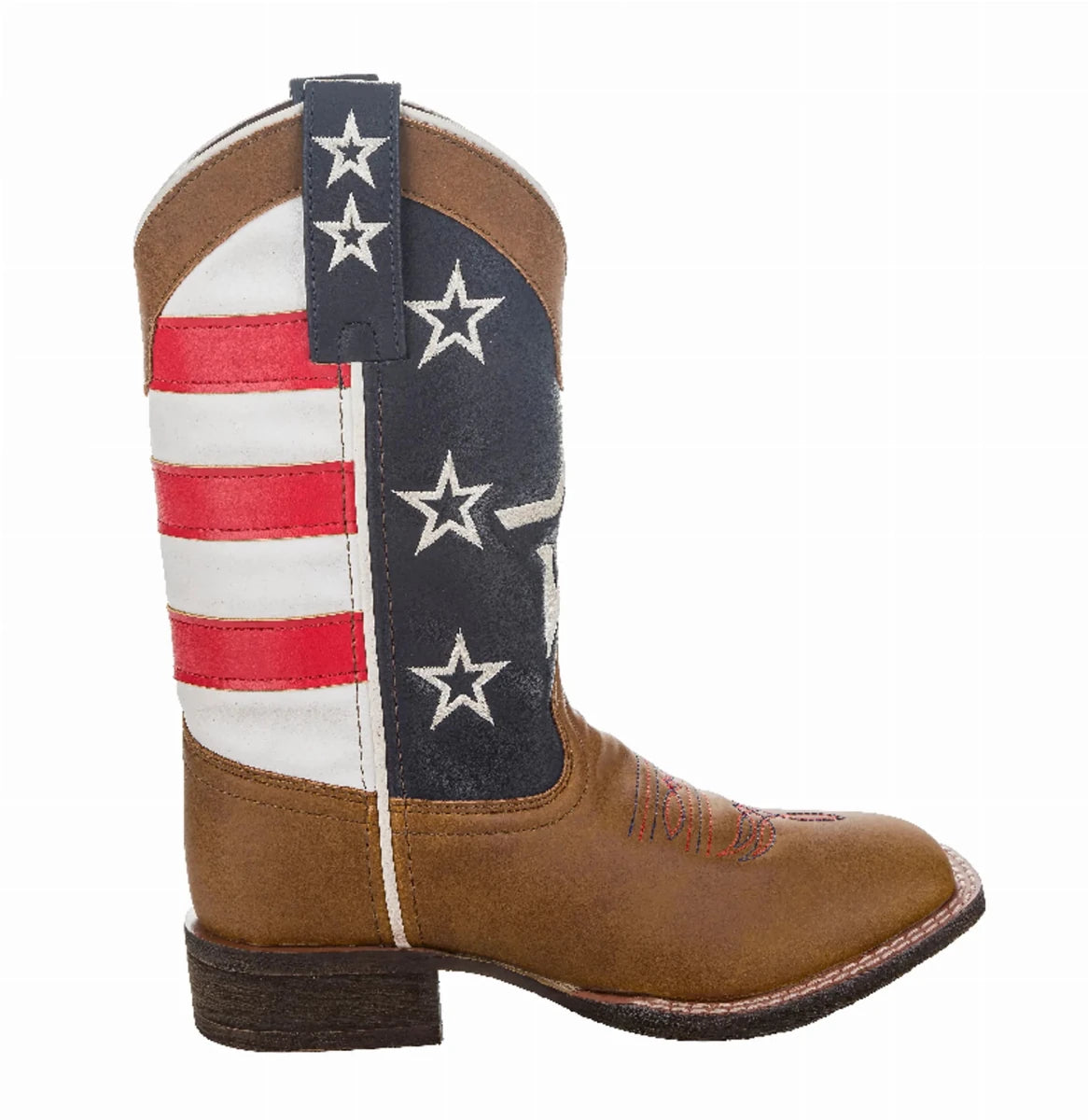TuffRider Children's American Cowboy Western Boot with brown foot and patriotic stars and stripes design upper