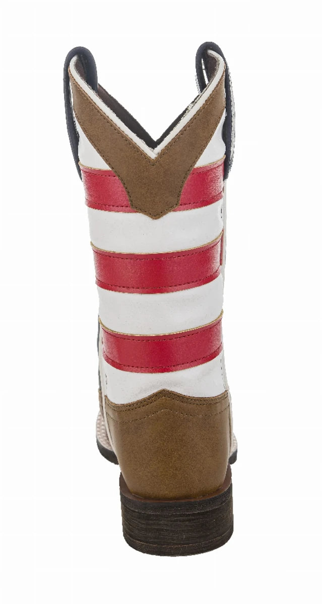 TuffRider Kids American Flag Cowboy Western Boots showing back view with red white stripes and brown accents