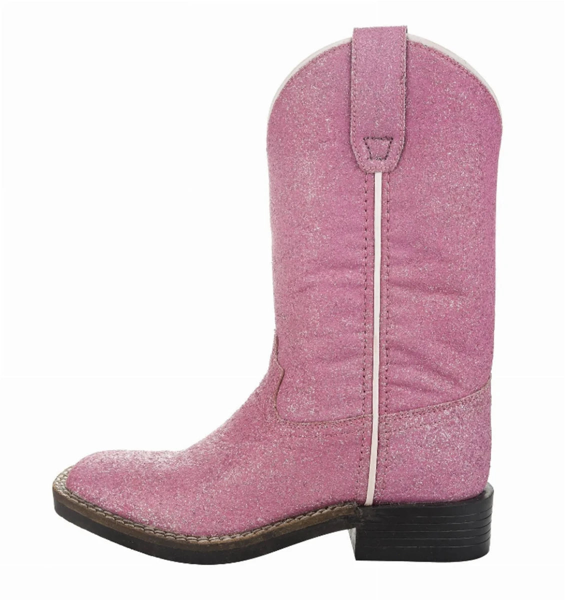 Tuffrider Children's Pink Glitter Western Boot with sparkly pink finish and dark brown sole, kids equestrian footwear.
