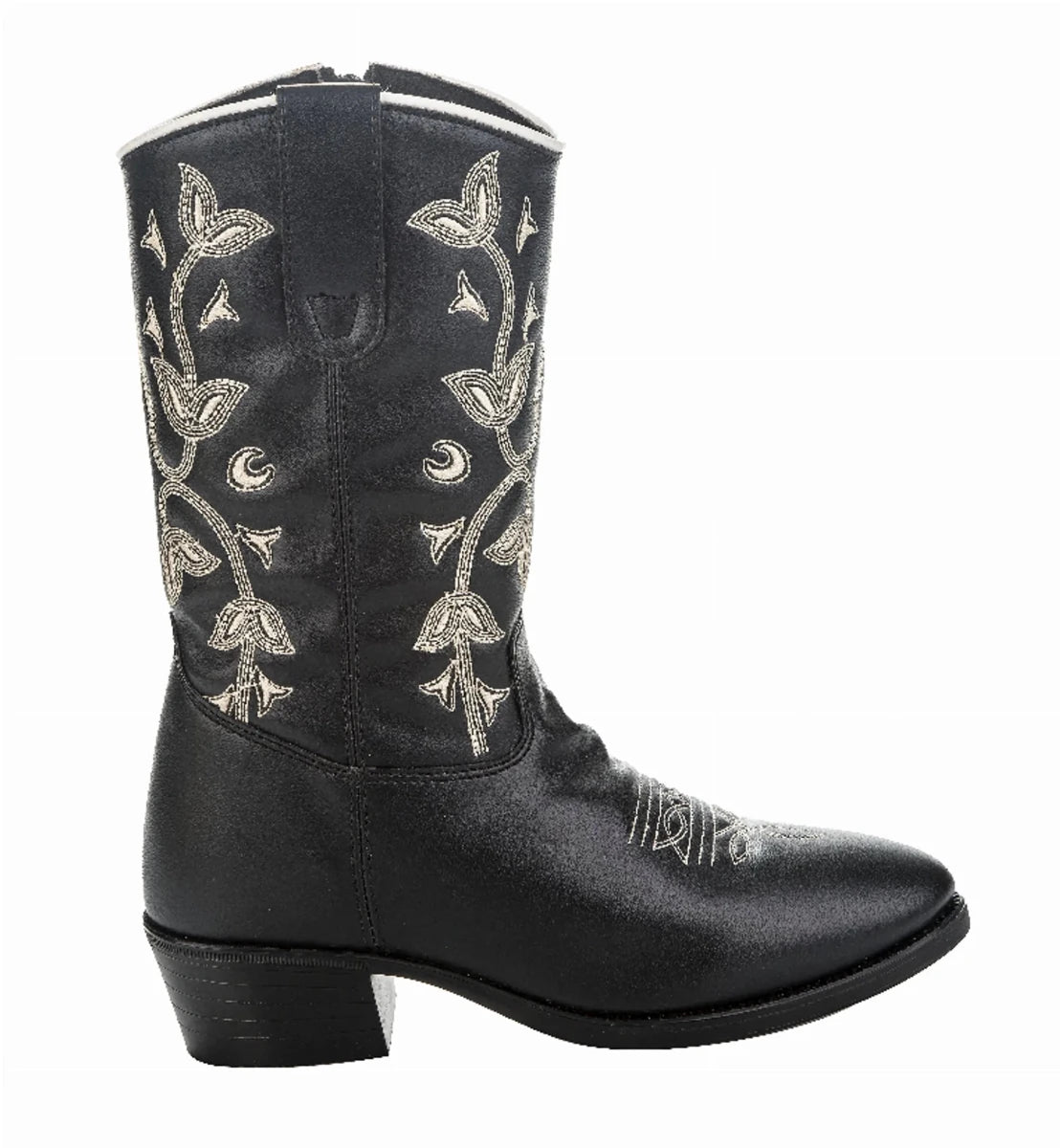 TuffRider Youth Black Floral Western Boots - Kids Cowboy Boots with Embroidered Design shown from side view with floral embroidery