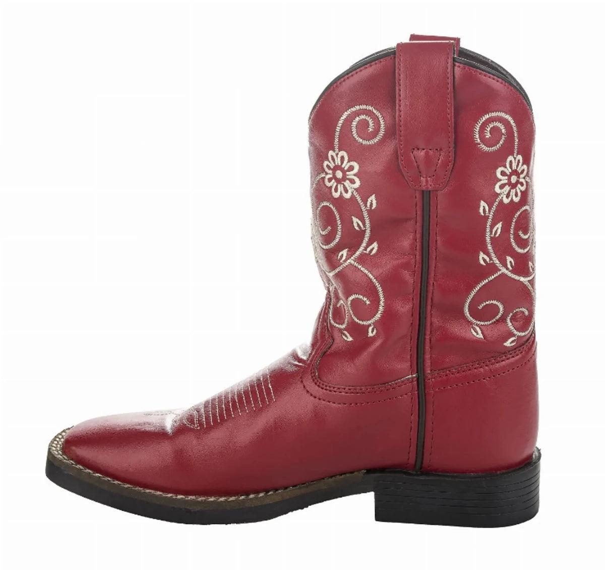 TuffRider Children's Fire Red Floral Western Boot with white floral embroidery and black sole for kids