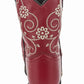 TuffRider Children's Fire Red Floral Western Boot with white floral embroidery and black heel for equestrian use