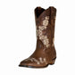 TuffRider Ladies Mormon Square Toe Western Boot in brown leather with white floral embroidery and low heel design