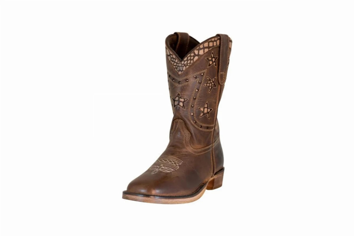 TuffRider Children's Rocky Mountain Square Toe Western Boot in brown leather with star stitching and pull tabs