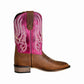 TuffRider Children's Arches Square Toe Western Boot in brown with pink upper and white decorative stitching