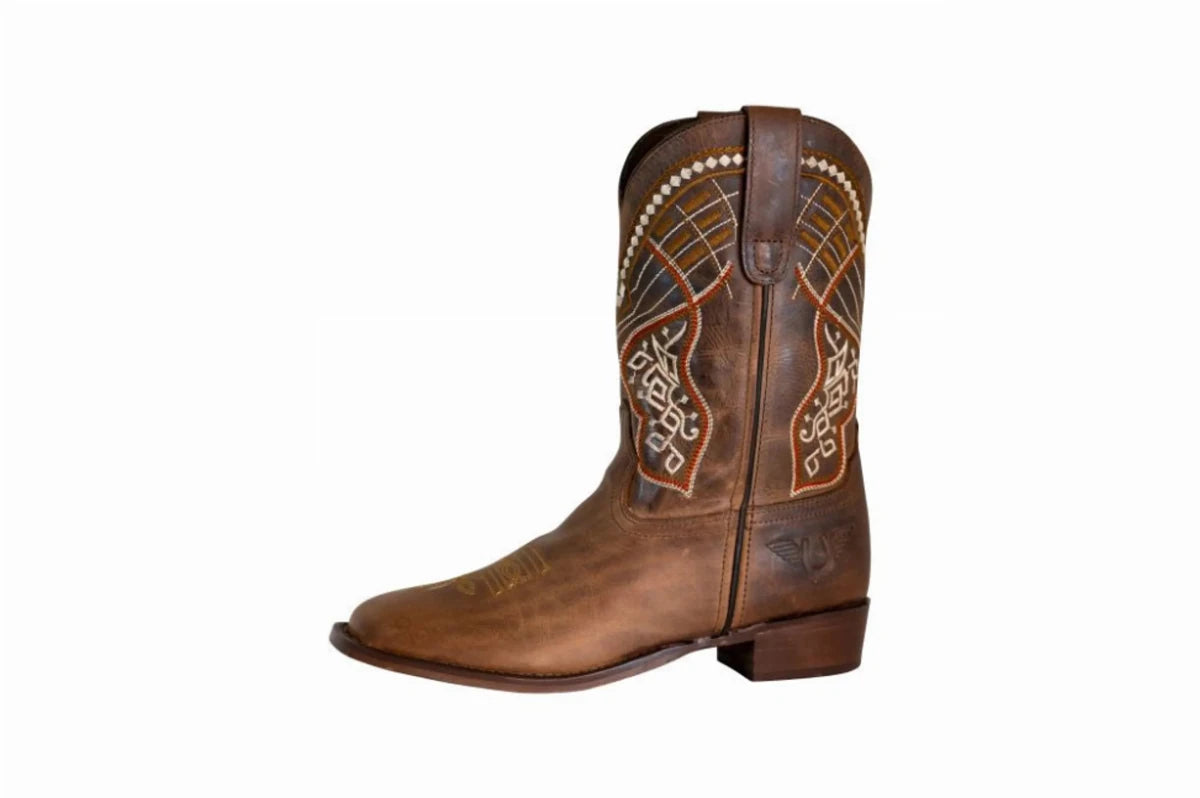 TuffRider Children's Yukon Square Toe Western Boot in brown leather with detailed stitching and low heel for kids.
