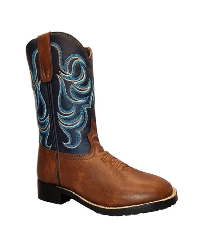 TuffRider Children's Zion Square Toe Western Boot- Brown with Blue, 11/1