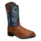 TuffRider Children's Zion Square Toe Western Boot- Brown w/ Blue- 11C with decorative blue stitching and durable sole