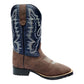 TuffRider Children's Acadia Square Toe Western Boot- Brown w/ Tan- 10C with decorative stitching and pull tabs