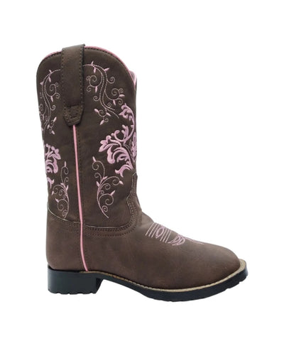 TuffRider Children's Glacier Square Toe Western Boot- Mocha with Pink