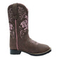 TuffRider Children's Glacier Square Toe Western Boot- Mocha w/ Pink- 10C with decorative pink stitching on brown leather