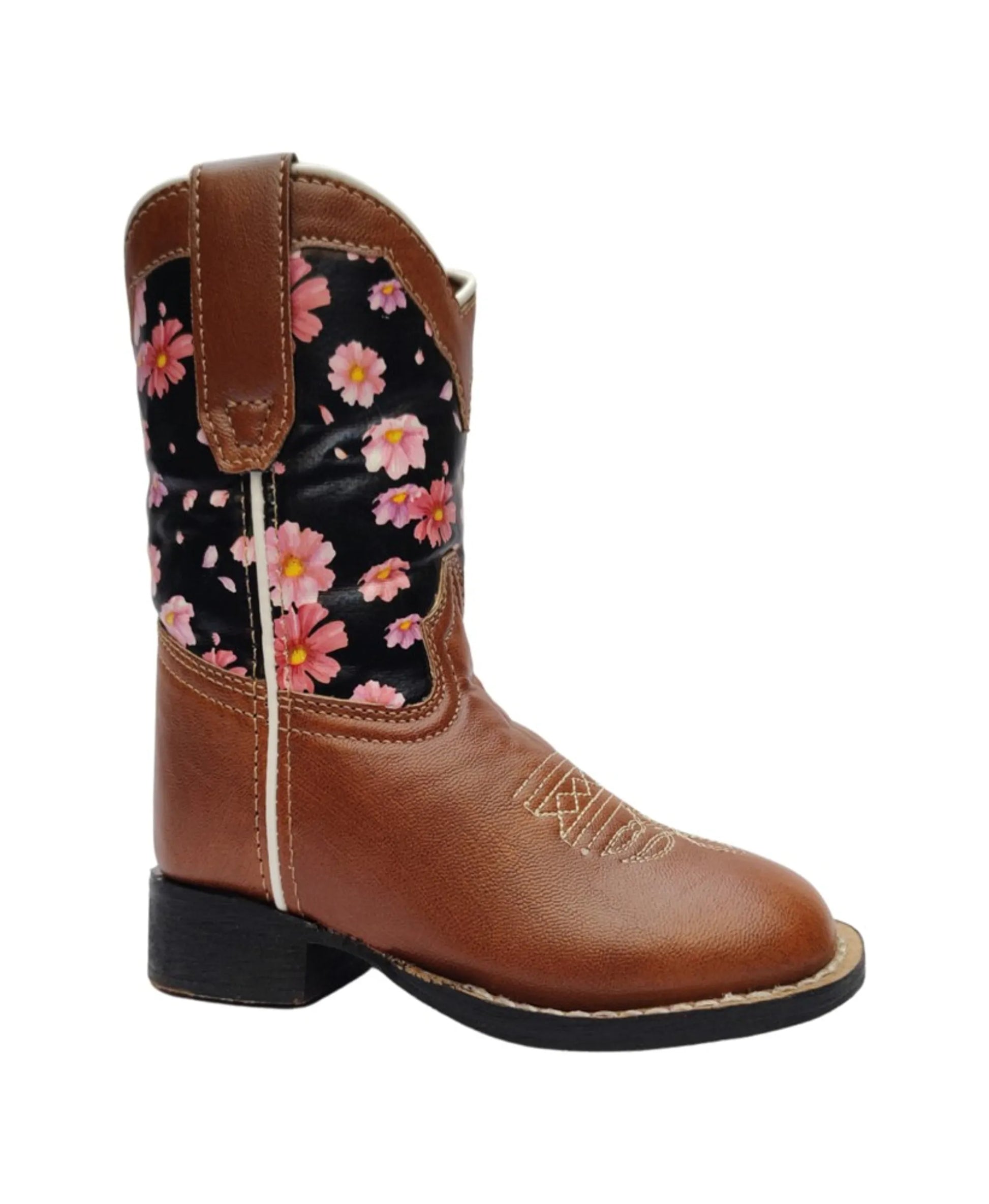 TuffRider Children's Pinnacles Square Toe Western Boot- Brown Floral- 10C with floral upper and brown leather foot