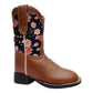 TuffRider Children's Pinnacles Square Toe Western Boot- Brown Floral- 10C with pink flower design and brown leather accents