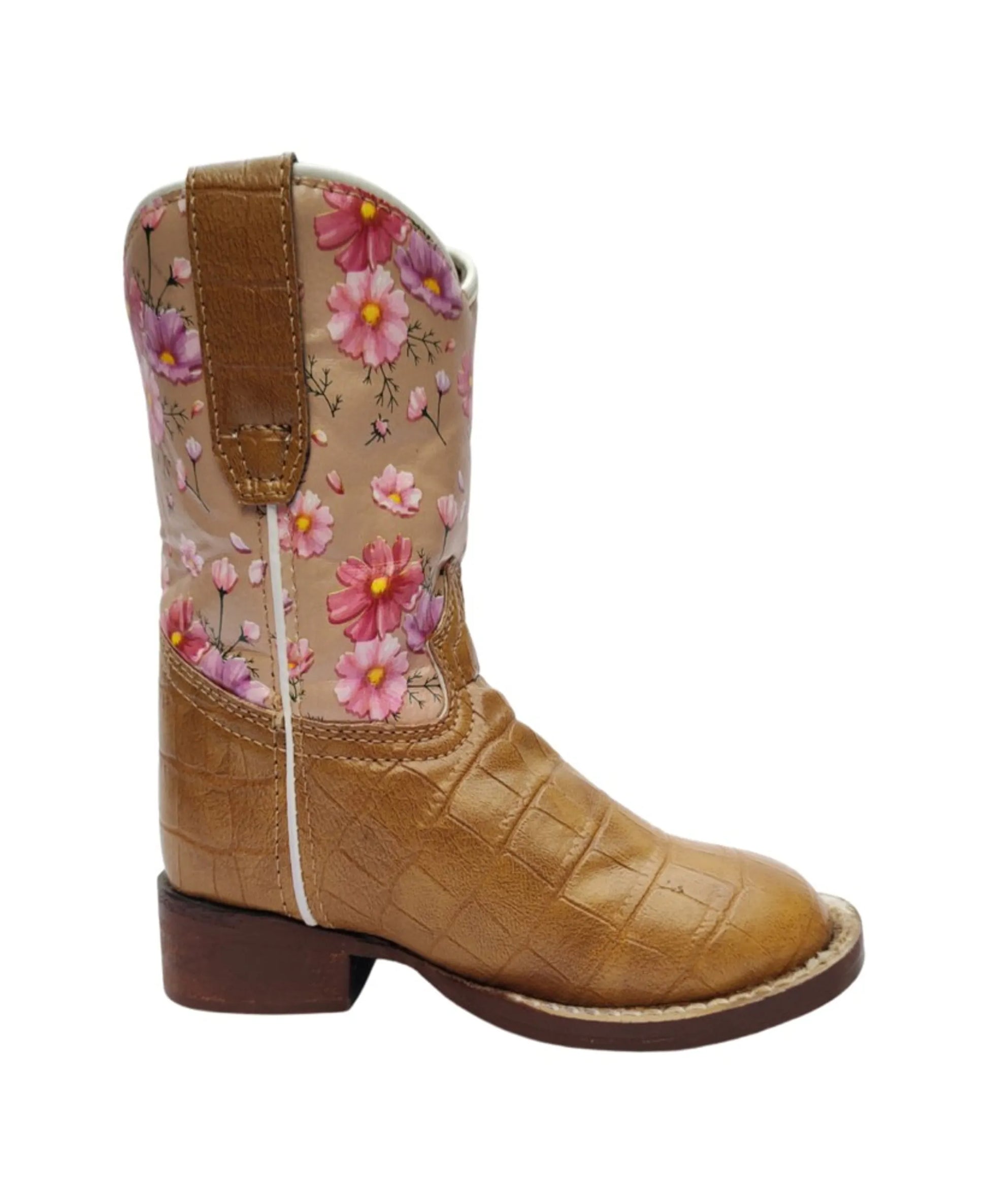 TuffRider Children's Dunes Square Toe Western Boot- Tan Floral- 10C with floral upper and tan textured lower for kids' equestrian wear