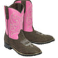 TuffRider Children's Voyageurs Square Toe Western Boot- Mocha w/ Hot Pink- 10C styled kids' cowboy boots with pink shaft and brown foot.