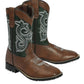 TuffRider Children's Assateague Island Rounded Toe Western Boot- Brown w/ Green- 10C with decorative stitching on sides and toe