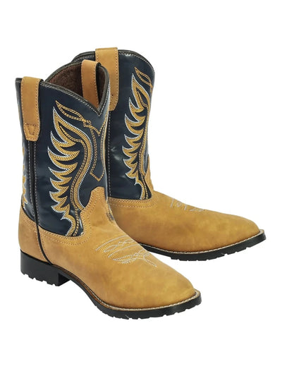 TuffRider Children's Lassen Rounded Toe Western Boot- Tan with Navy, 10/1