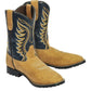 TuffRider Children's Lassen Rounded Toe Western Boot- Tan w/ Navy- 10C pair with tan foot and navy shaft wing design.