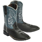 TuffRider Children's Yellowstone Rounded Toe Western Boot- Mocha w/ Blue- 10C with decorative stitching and pull tabs