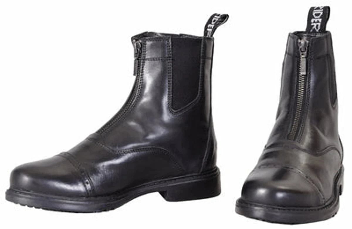 Women's Front Zip Paddock Boots - Premium Leather Horse Riding Ankle Boots in black with zipper and pull tab details