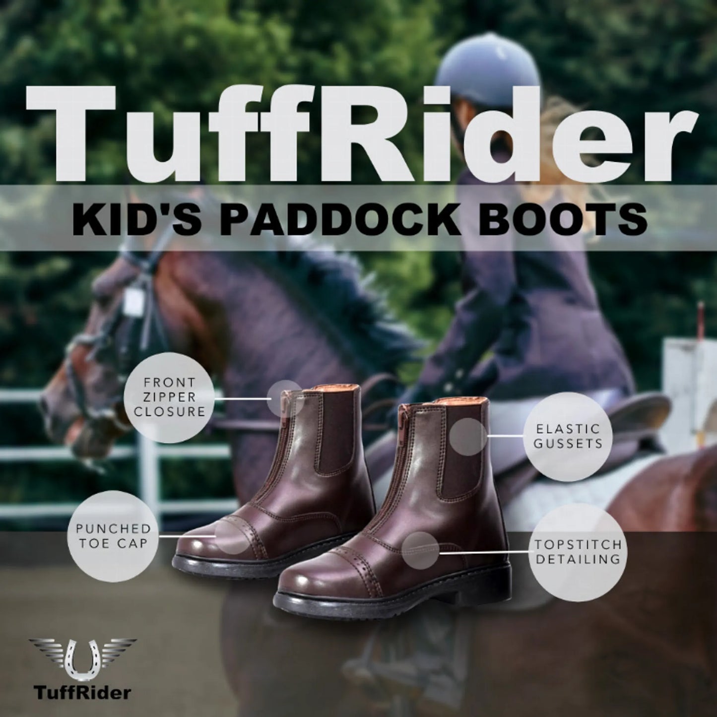 Kids Front Zip Paddock Boots - Youth Synthetic Leather Riding Boots for Children