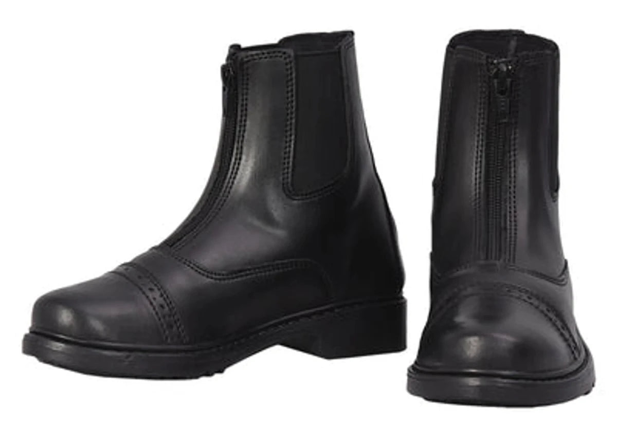 Kids Front Zip Paddock Boots - Youth Synthetic Leather Riding Boots for Children in black, front and side views