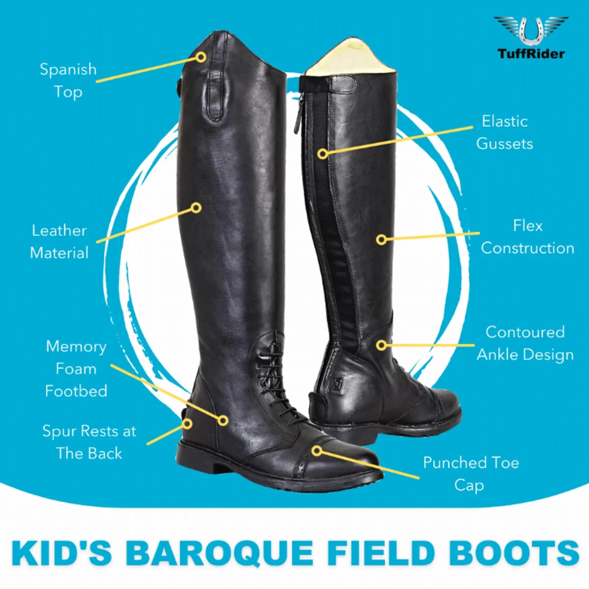 Kids Leather Field Boots - Youth Back Zip Riding Boots with Memory Foam - Color Black | Pack Of 1 shown with labeled features.