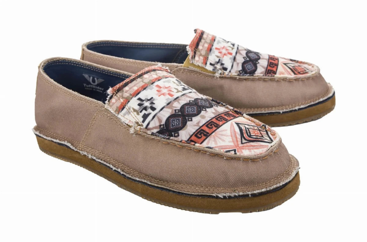 TuffRider Women's Slip-On Canvas Graphix Shoes - Memory Foam Equestrian Casual Shoes in tan with patterned fabric detail