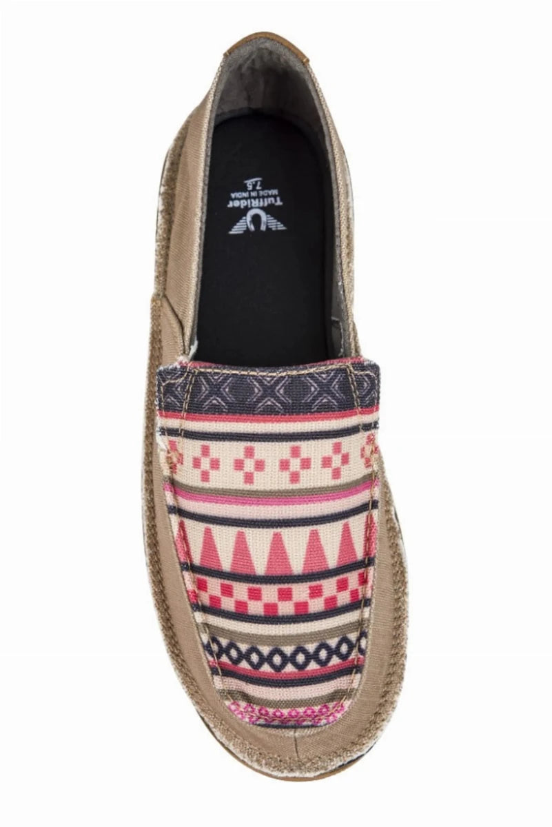 TuffRider Women's Slip-On Canvas Graphix Shoes - Memory Foam Equestrian Casual Shoes with patterned fabric upper and tan canvas sides