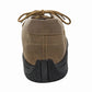 Rear view of brown leather TuffRider Men's Lace Chukka Boot with black sole and tied laces on white background