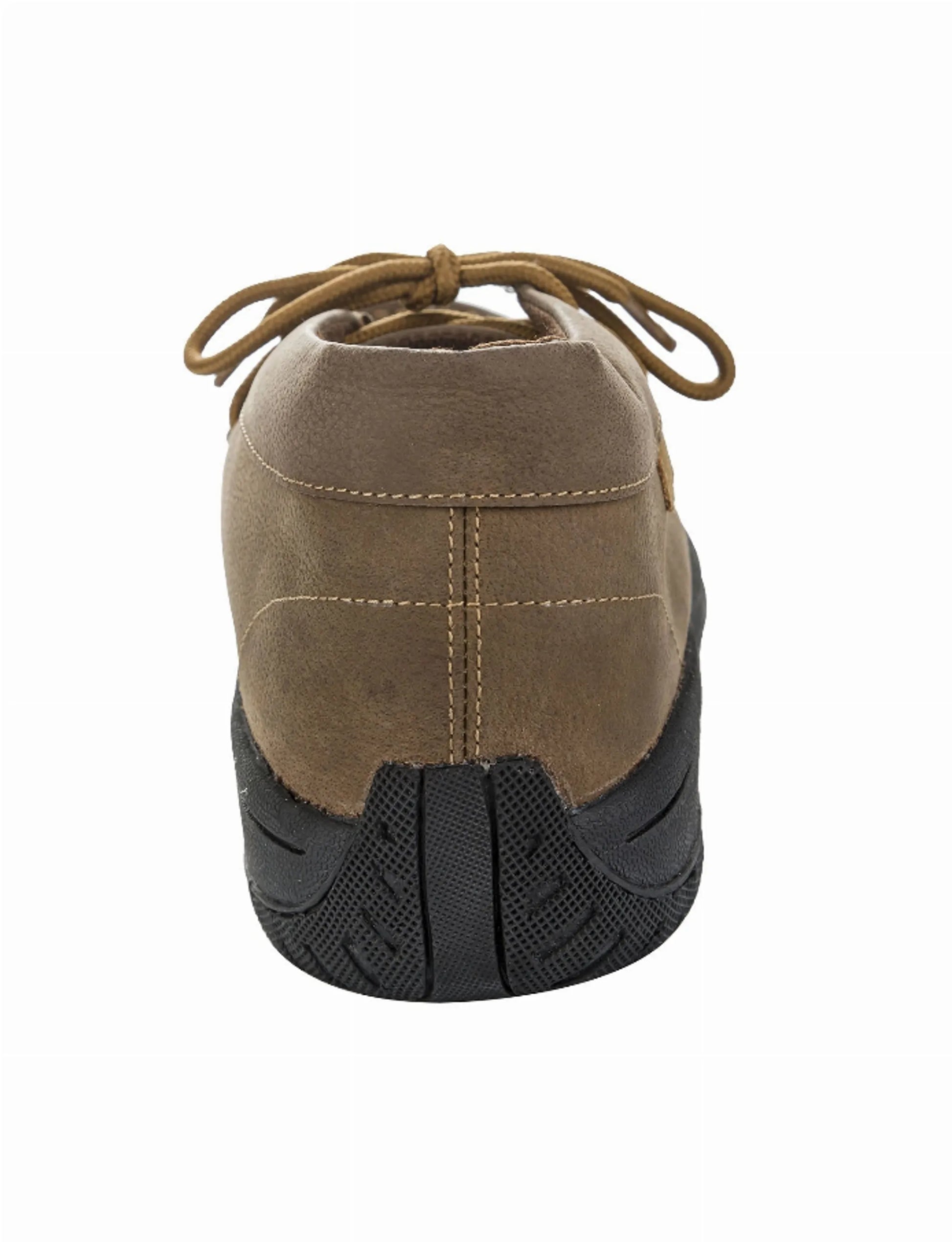 Rear view of brown leather TuffRider Men's Lace Chukka Boot with black sole and tied laces on white background