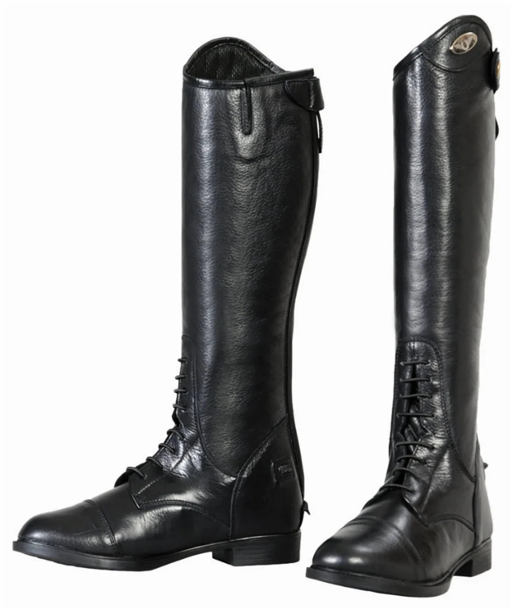 Kids Leather Field Boots - Youth Tall Riding Boots with Spanish Top and Memory Foam in black leather, laced front design.