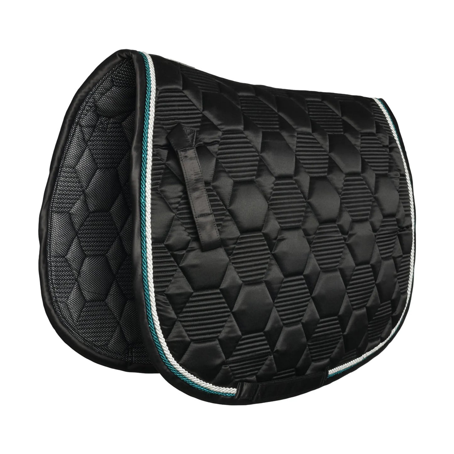 Lettia Honeycomb Collection Saddle Pad - BLACK with hexagonal quilting and teal silver trim for equestrian use