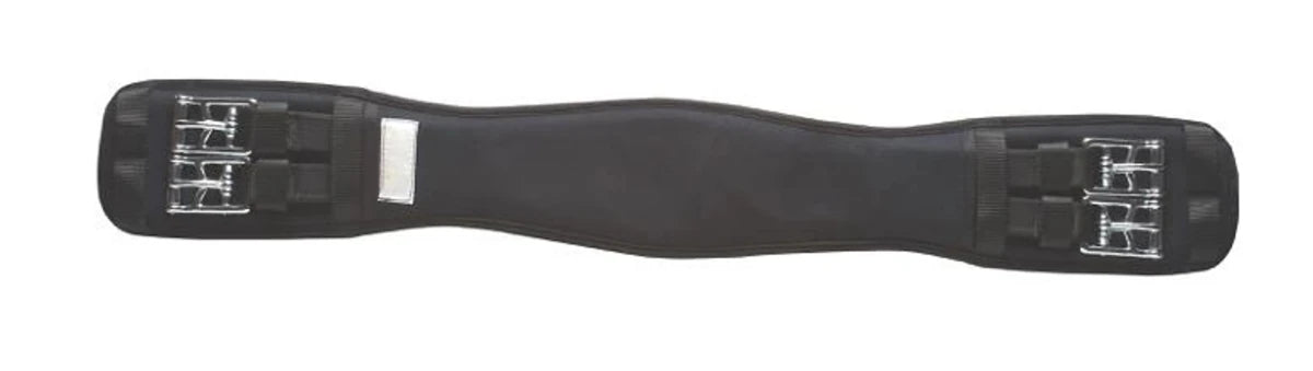 Lettia Memory Foam Clik Dressage Girth in black with metal buckles, designed for comfort and secure fit in equestrian use