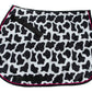 Lettia Cow Print All Purpose Pad featuring black and white cow pattern with pink edging and adjustable straps.
