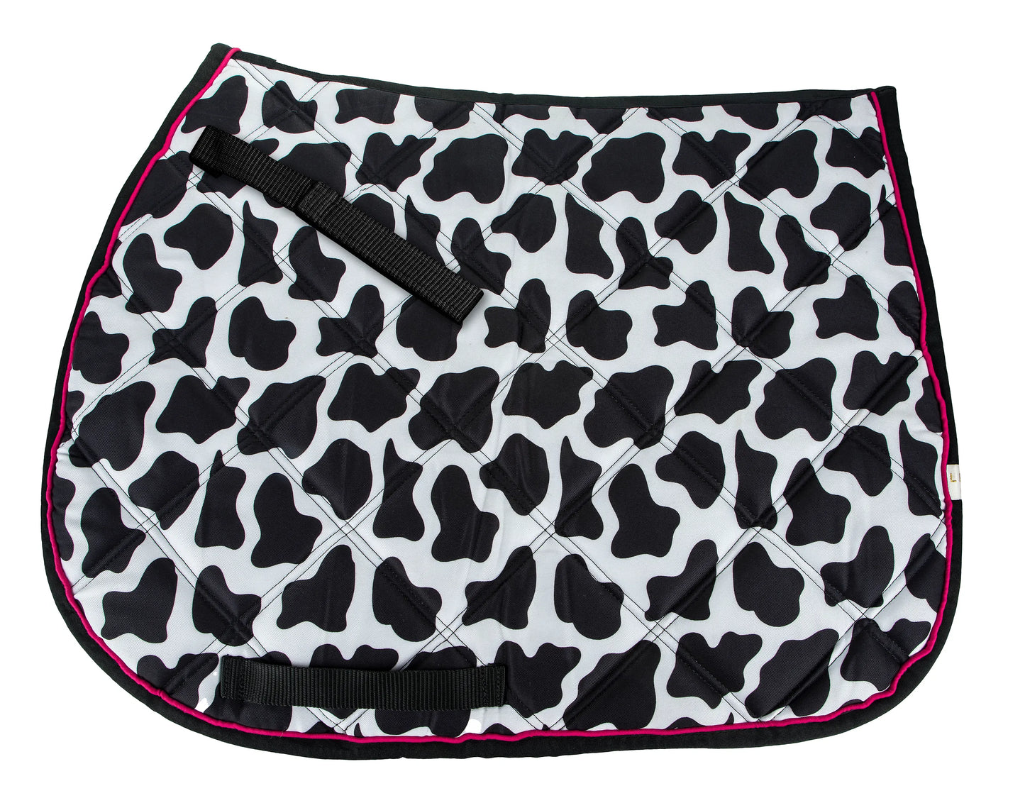 Lettia Cow Print All Purpose Pad with black and white cow pattern and pink trim designed for versatile use.