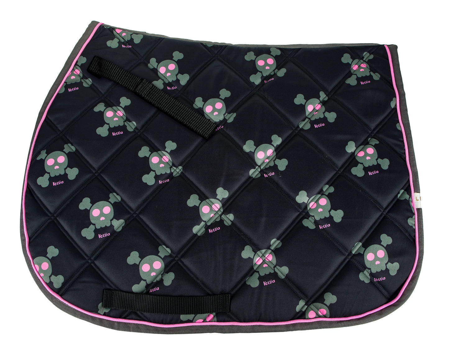 Lettia Skull Design All Purpose Pad with quilted black fabric and pink-trimmed skull and crossbones pattern