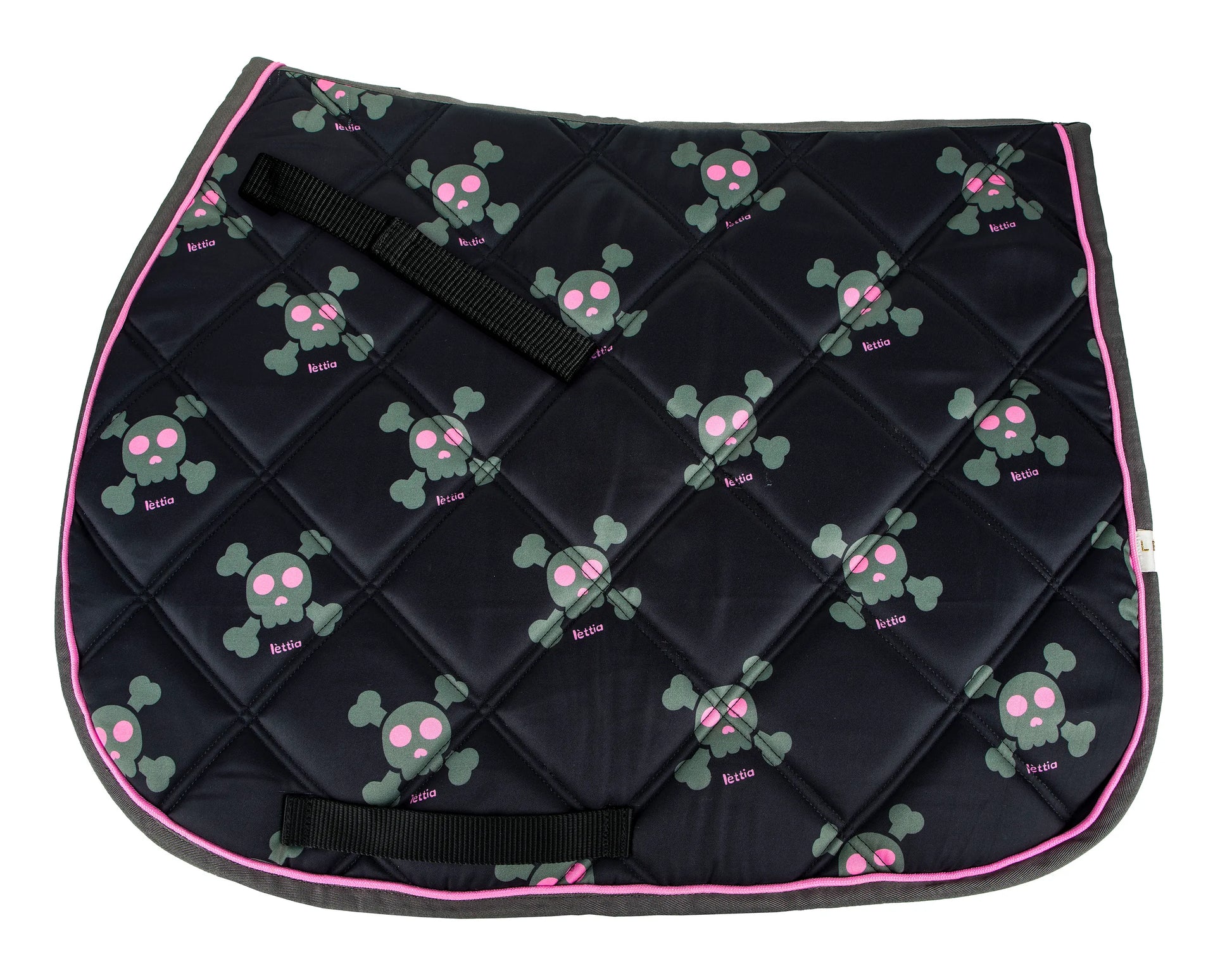 Lettia Skull Design All Purpose Pad with quilted black fabric and pink-trimmed skull and crossbones pattern