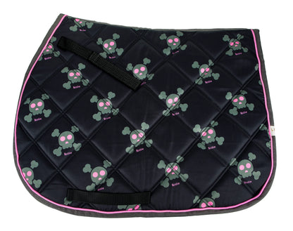 Lettia Skull Design All Purpose Pad with black quilted fabric and pink-trimmed edges featuring skull pattern for pet supplies.