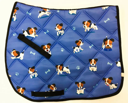Lettia Puppy All Purpose Pad with blue quilted fabric featuring playful puppy and bone patterns for pet comfort and protection.