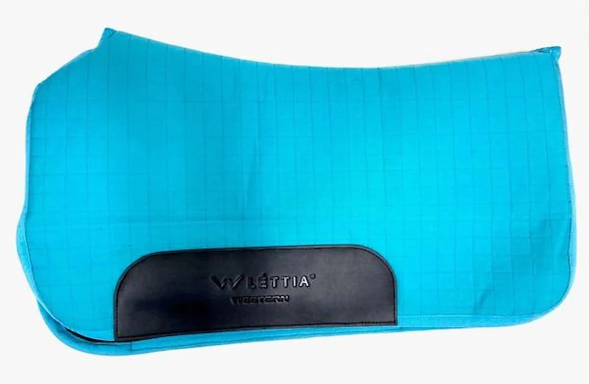 Lettia Western Saddle Pad in vibrant turquoise with black leather reinforcement, designed for equestrian supplies.