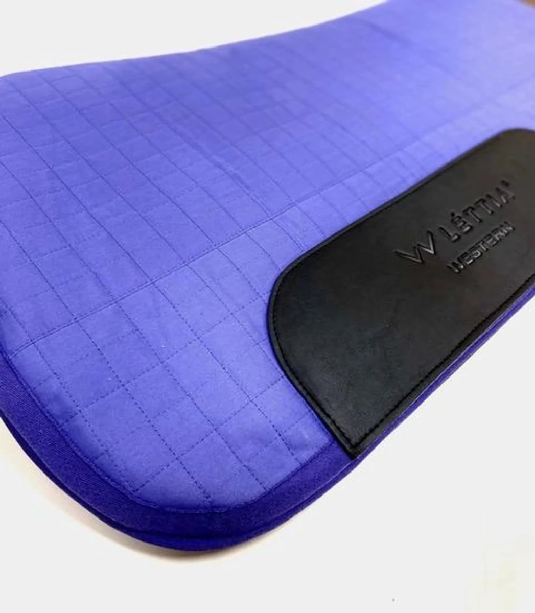 Lettia Western Saddle Pad in purple with quilted design and black leather patch for equestrian horse tack supplies