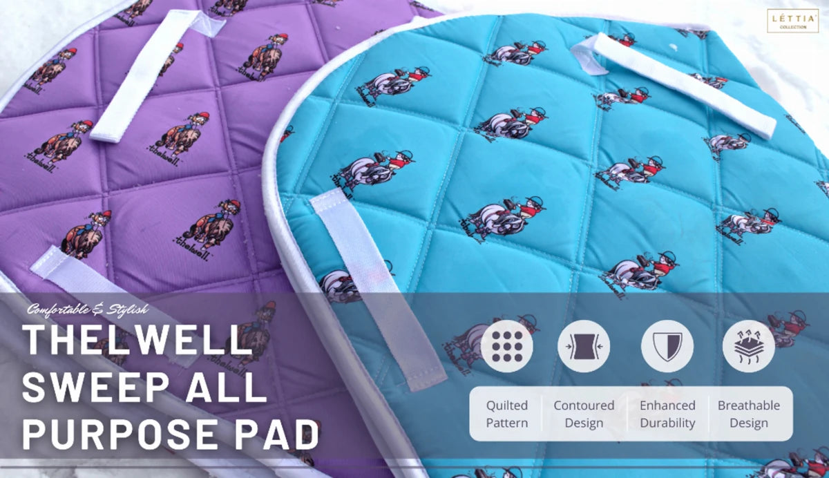 Lettia Thelwell Sweep Quilted Pattern All Purpose Pad in blue and purple with horse designs for equestrian use