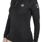 Woman wearing a black Lettia Women Quarter-Zip Neck UPF 50+ Sun Shirt with beige riding pants.