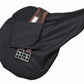 Lettia Saddle Cover with Girth Slots in black fabric protecting saddle with visible girth straps and buckles