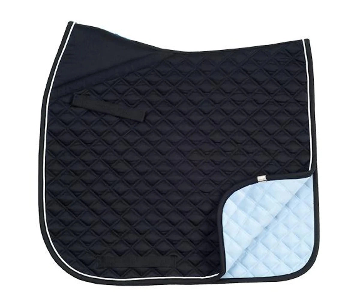Lettia CoolMax ProSeries Dressage Pad in black with light blue underside, quilted pattern, and contoured edges for horses