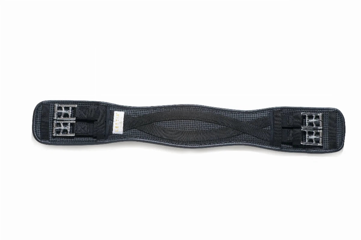 Lettia Dressage Clik Girth in black with durable buckles and breathable mesh, designed for equestrian comfort and control.