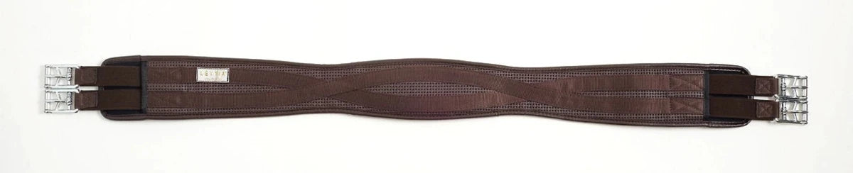 Lettia All Purpose Clik Girth in brown leather with metal buckles, designed for equestrian use and horse tack supplies