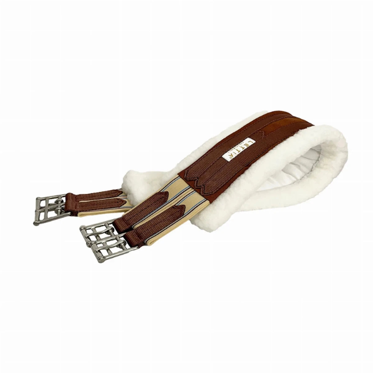 Lettia CoolMax Fleece Lined Girth in brown with soft fleece padding and metal buckles for comfortable horse tack.